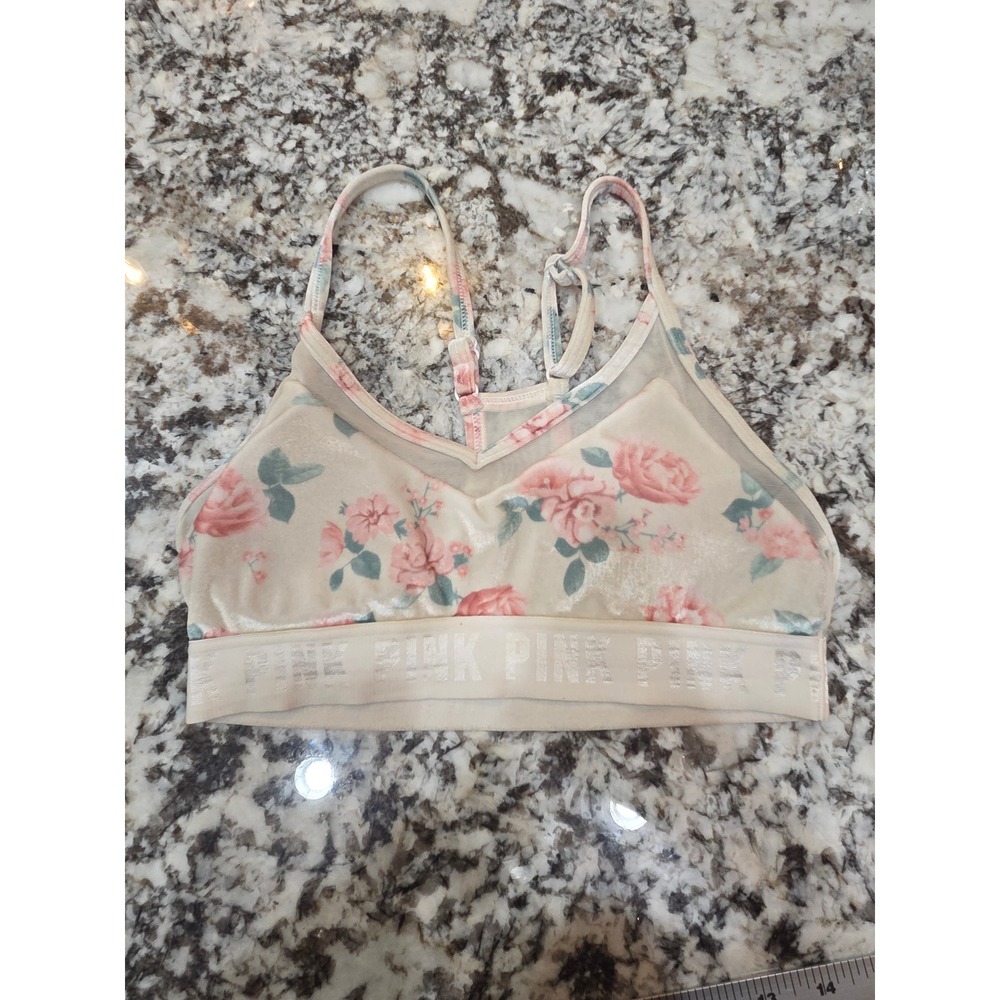 Victoria's Secret PINK Ultimate Floral Velvet Sports Bra Bralette Cream Small